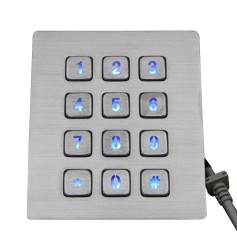 Stainless steel industrial numeric keypad, 12 keys, IP67